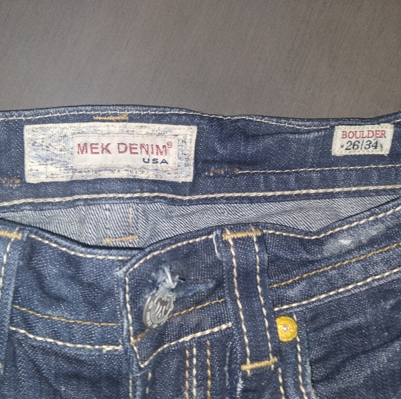 MEK Boulder Distressed Jeans Dark Wash w/ Leather Pocket Trim 26 - Picture 4 of 7